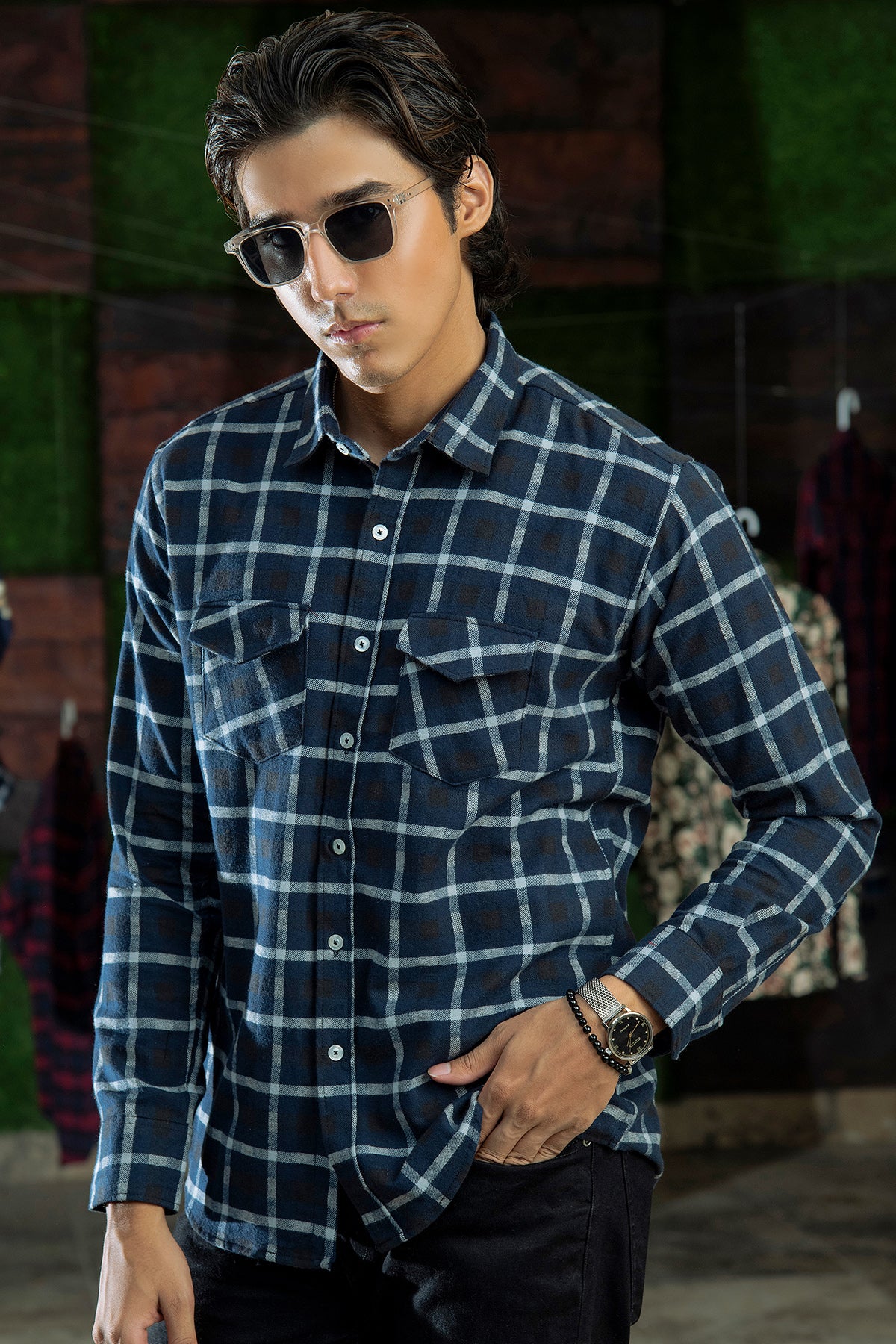 Flannel in Polish Blue and Black